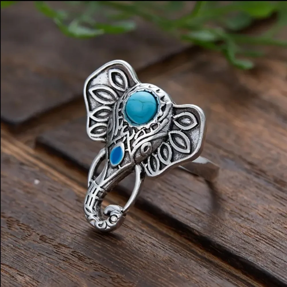 Bohemian Elephant Ring with Turquoise Accent Silver‎ Plated Adjustable Open Band